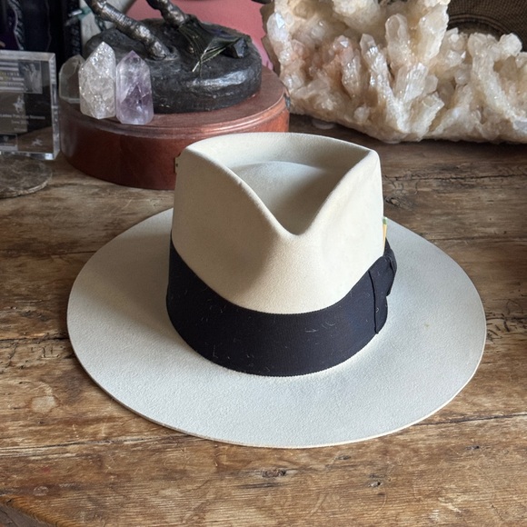 Nick Fouquet 7 1/4 58 100x beaver felt fedora beige Teressa foglia flat brim hat - Picture 2 of 4